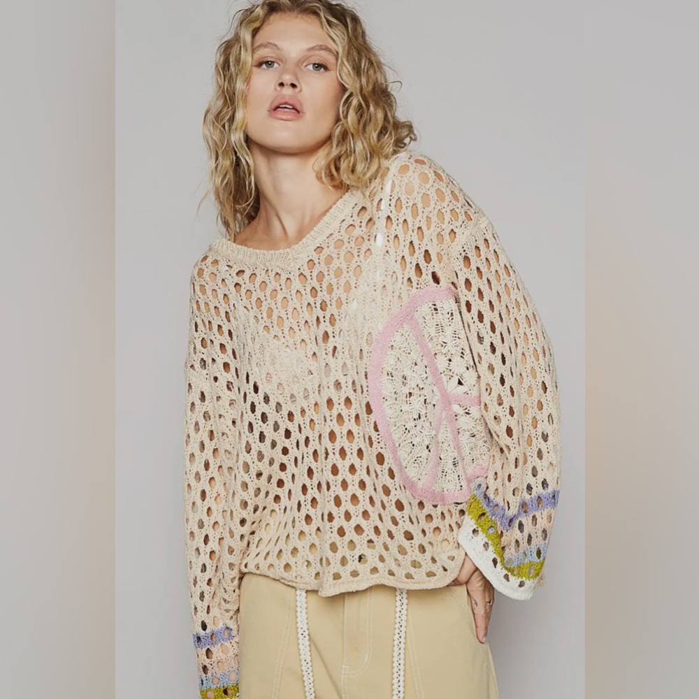 POL Open-Knit V-Neck Sweater in Beige with Pink and Blue Accents - Picture 3 of 11